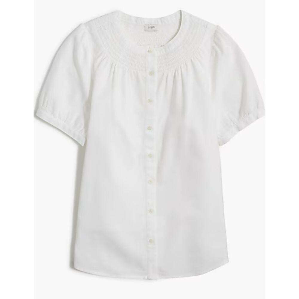 J.crew Short Sleeve Puff Smocked Neck Top Womens S White CI318 Button Up Blouse